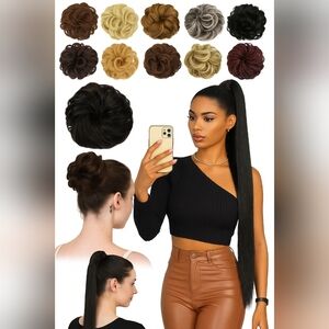 Bundle 2pcs Hair Extensions – Messy Bun Black Brown + 30" Ponytail Natural Black
